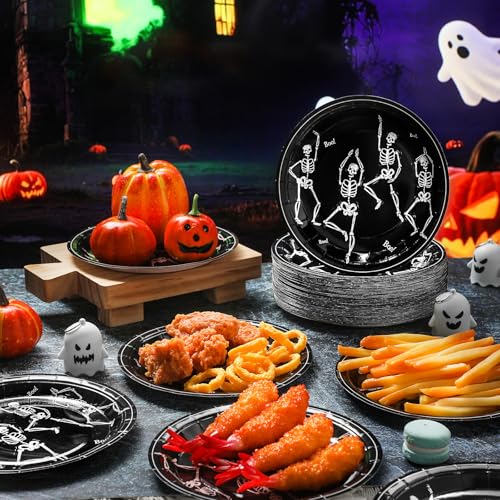 Halloween Skeleton Paper Plates - Black 7 Inch, Pack of 100 - Festive Disposable Tableware