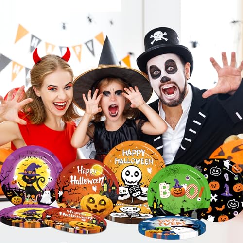Halloween Paper Plates 9 Inch 60 Pack - Trick or Treat Boo Pumpkin Black Cat Spider