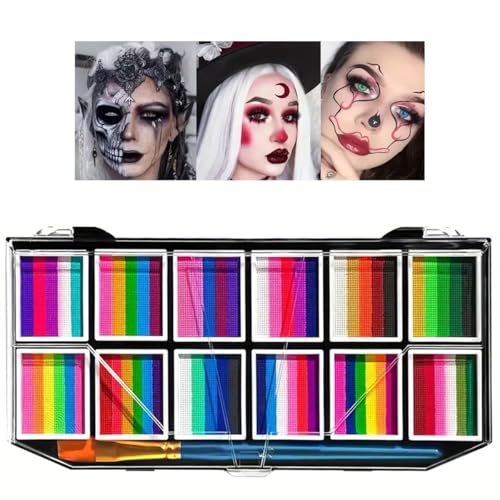 12-Panel Water-Activated Face & Body Paint Palette - Non-Toxic Rainbow Makeup for Halloween & Events
