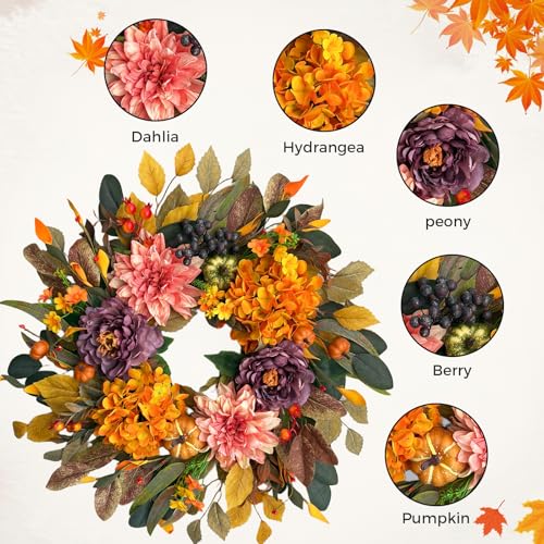 24 Inch Autumn Front Door Wreath with Artificial Flowers and Pumpkins