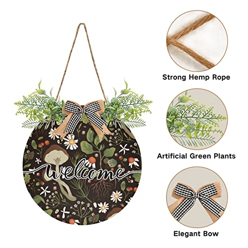 Mushroom Daisy Welcome Sign Farmhouse Front Porch Decor Door Hanging Wreath - 12 x 12 in