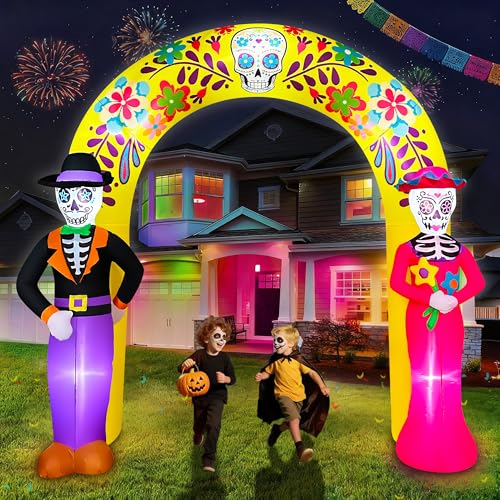 10 Ft Day of the Dead Inflatable Archway with LED Lights for Halloween Yard Decor
