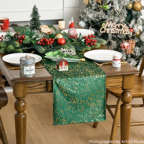 Dark Green Fleece Table Runner 13x120 Inch Holiday Kitchen Decor Glitter Metallic
