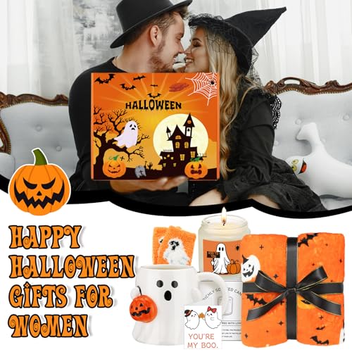 Halloween Boo Gift Set for Women with Mug Socks Candle Blanket & Tealight