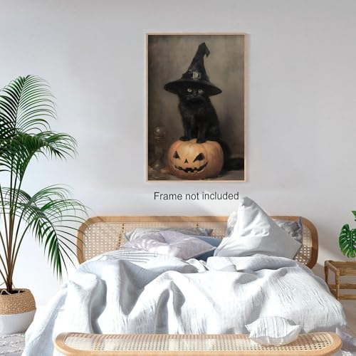 Vintage Halloween Canvas Wall Art Unframed - Black Cat Witchy Pumpkin 12x16in