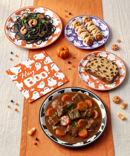 Halloween Heavy-Duty Paper Plates and Napkins Set - Black Orange Purple, Round, 9 Inch & 7 Inch, Spooky Gothic Party Supplies with Variation