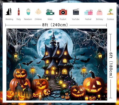 Halloween Horror Castle Backdrop 8x6FT Full Moon Night Pumpkin Lantern Bats Web Scene