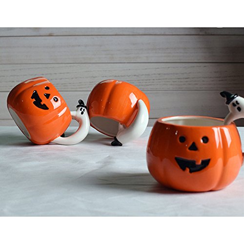 Halloween Pumpkin Mug Ceramic Cup with Ghost Handle 10oz Orange Fall Decor