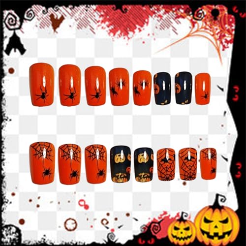 Halloween Press On Nails 24Pcs Medium Square Bat Spider Web Design - Halloween Nails 2