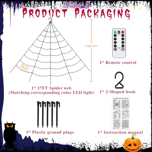 Halloween Spider Web Lights 17FT Giant Net with 290 LEDs & 8 Modes - Purple & Orange Variation