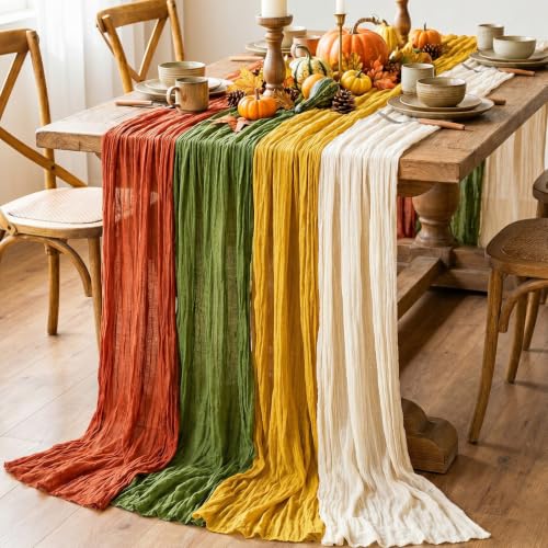 4 Pack Fall Boho Cheesecloth Table Runners - Autumn Party Decor Variation of Boho