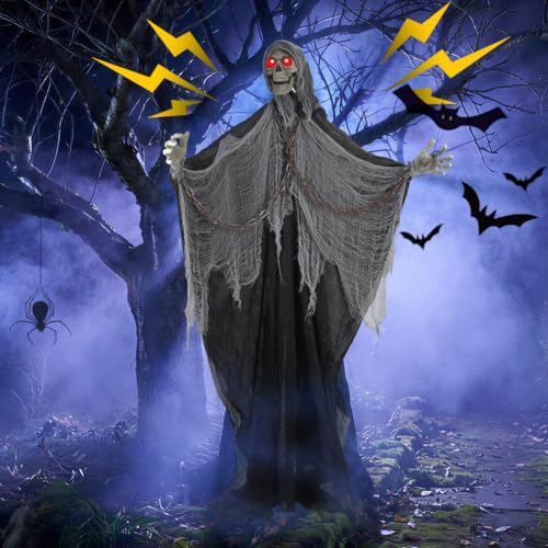 Gray Halloween Skeleton with LED Red Glowing Eyes, Sound & Touch Activated Motion, Body Swaying, Adjustable Arms, 71-Inch