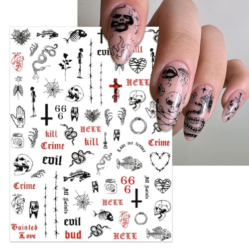 Gothic Snake & Skull Nail Stickers - Halloween Gothic Black Skull Self-Adhesive 3D Nail Decals - Variation of Gothic Skull