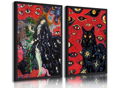 Hippie Black Cat Wall Art Canvas Posters - Mystical Animal Eyes Stars Set - 24x16 Inches, Framed Style