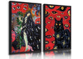 Hippie Black Cat Wall Art Canvas Posters - Mystical Animal Eyes Stars Set - 24x16 Inches, Framed Style