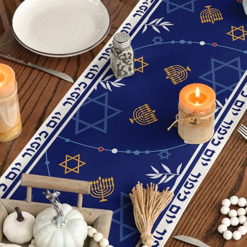 Yom Kippur Table Runner 13x72 Inch Leaves Hexagram Home Decor Multicolor