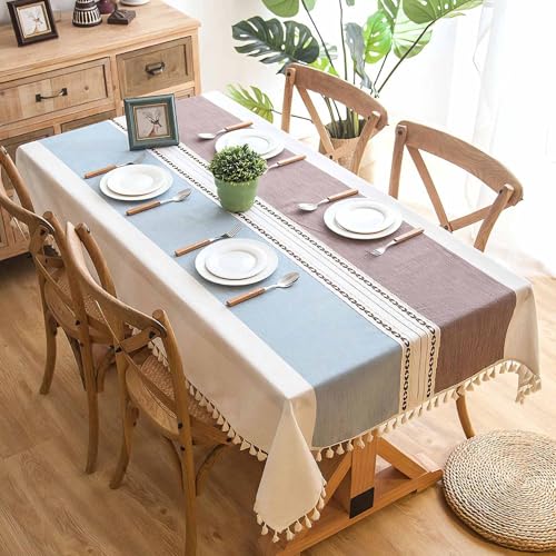 Rectangular Cotton Linen Tablecloth 55x55 Inches Water-Resistant Striped Rustic Dining Cover - Coffee Blue