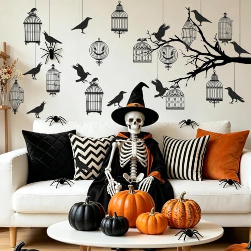 Gothic Crow Decoration Set with Birdcages and Crows for Haunted House Halloween & Gothic Decor