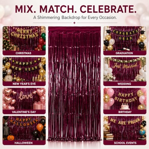 GCB 2-Pack Burgundy Metallic Tinsel Fringe Curtains for Party Backdrop & Door Decor