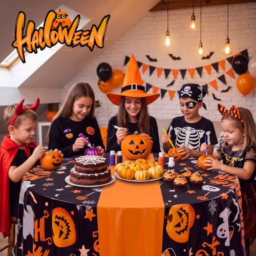 Halloween Tablecloths 6 Pack Orange Pumpkin 84-Inch Round Plastic Cover - Pumpkin / Orange / 6
