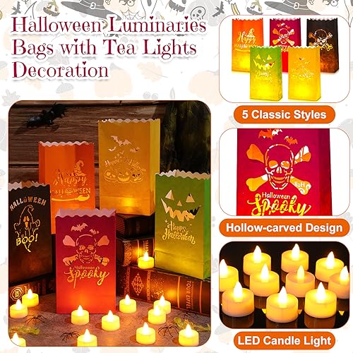 Halloween Luminary Bags with LED Lights - Flame Resistant Outdoor Decor, 72 Pack