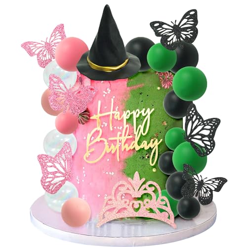 Witch Cake Topper Set with Crown Butterfly Hat and Ball Decorations for Halloween Party