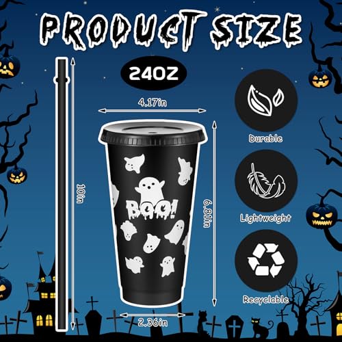 30 Pack Halloween Plastic Cups with Lids & Straws - 24 oz Ghost Design