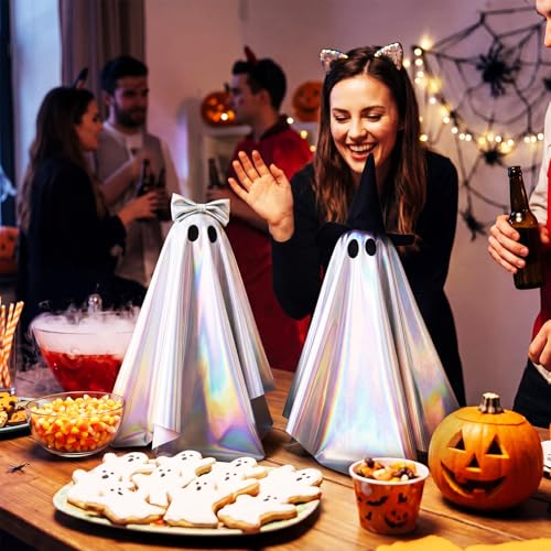 Halloween Iridescent Ghost Decorations with Witch Hat & Bow - 2pcs Indoor Decor