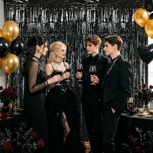 Black Foil Fringe Curtains - 3 Pack, 8.2x3.3ft Party Backdrop for Events - Variation of 3