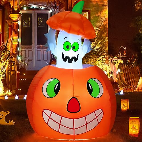 5 FT Halloween Inflatable Ghost and Pumpkin Yard Decor with LED Lights, Animated Outdoor Decoration