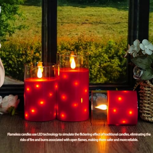 Nimiko Red Flameless Candles Set of 3 Glass Wax LED Candle with Flickering Flame