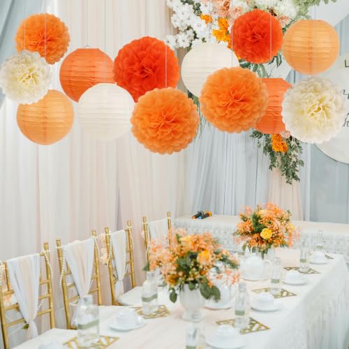 Orange Birthday Party Decorations Set with Paper Lanterns & Pom Poms - 15 pcs, Includes Tissue Flowers & Hanging Line