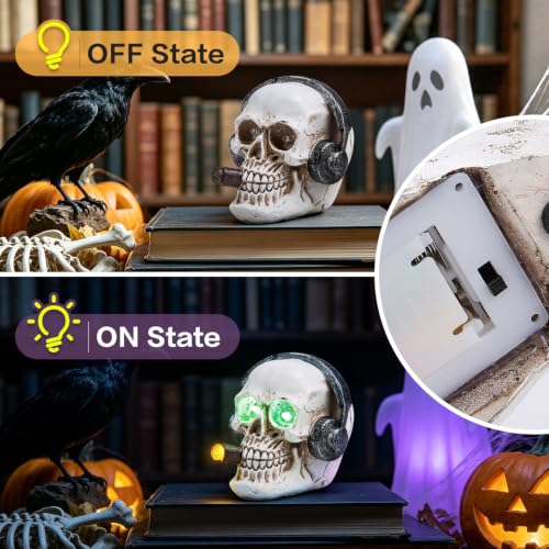 Halloween Skull Headphone Statue with LED Lighted Eyes - 4.7" Resin Decor