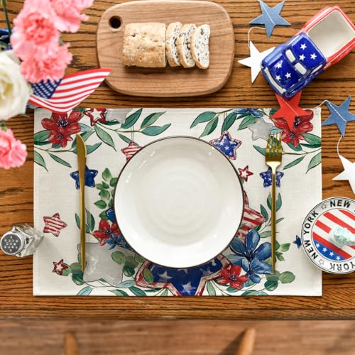 Patriotic American Flag 4th of July Placemat Set - 12x18 Inch Rectangular, Pack of 4, Memorial Day Table Decor
