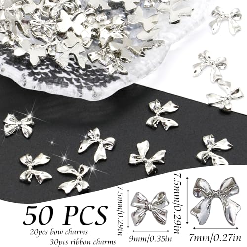 Silver Bow Nail Charms 50PCS with 2 Styles for Nail Art & DIY Crafts - Variation: Silver Bow