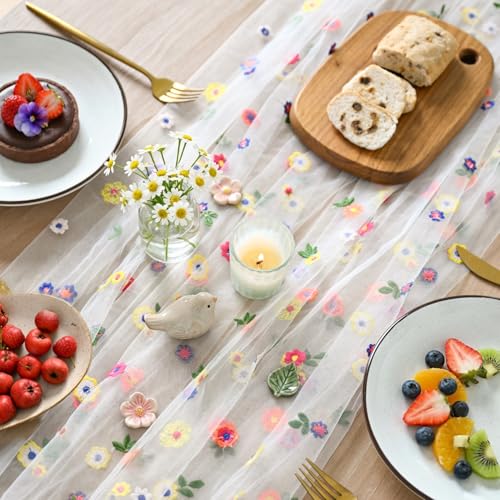 Embroidery Daisy Gauze Table Runner 28 x 120 Inch - 6 Pack Ivory