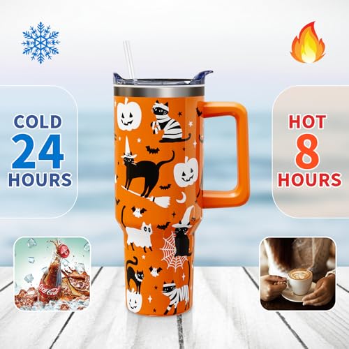 Halloween Black Cats 40oz Tumbler Cup with Handle & Straw - Cat Drinkware Variation 01