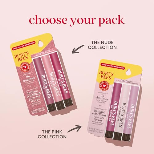 Burt's Bees Lip Shimmer Nude Collection for Valentine's Day Gifts, Tinted Lip Balm Stick, Moisturizing for All Day Hydration with Natural Glowy Pigmented Finish & Buildable Color, Value Pack, 3 Tubes