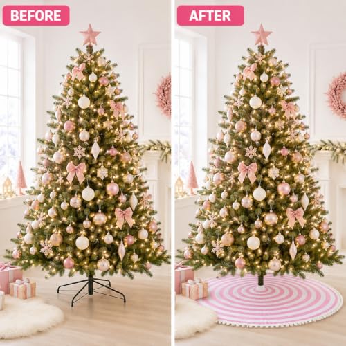 Pink and White Christmas Tree Skirt with Pom Poms - 30 Inch Diameter, MACTING