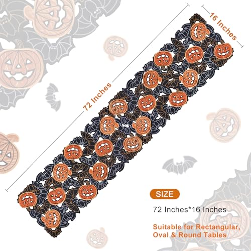 Halloween Table Runner 16x72 Inches for Dining Room Decor - Spooky Pumpkin & Bat Design