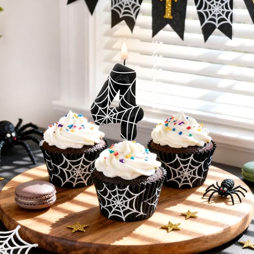 Black and White Number 4 Birthday Candle for Cake - Cobweb Theme Party Decorations