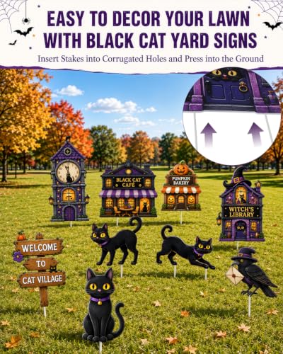 Halloween Yard Signs Outdoor Decorations Set - Black Cat Village Scene, 12 Pcs