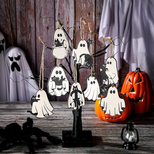 Halloween Ghost Cat Wooden Hanging Ornaments - 24 Pack, Spooky Home Decor
