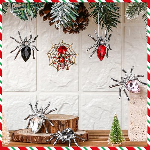 Crystal Christmas Spider Ornaments Set - Holiday & Halloween Decorations
