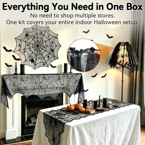 Halloween Decorations Kit with Lace Spiderweb Tablecloth and Bat Stickers - 40 Piece Set