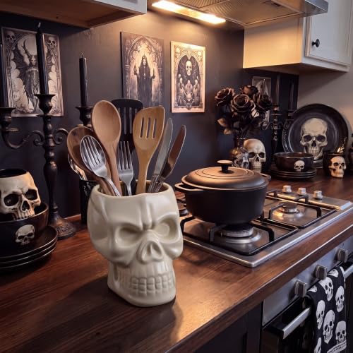 Ceramic Skull Utensil Holder for Kitchen - Gothic Kitchen Accessories, White Skull