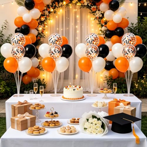 Halloween Orange Black Balloon Stand Kit for Table Centerpieces - 6 Sets with Confetti Balloons - Variation: Grad Orange
