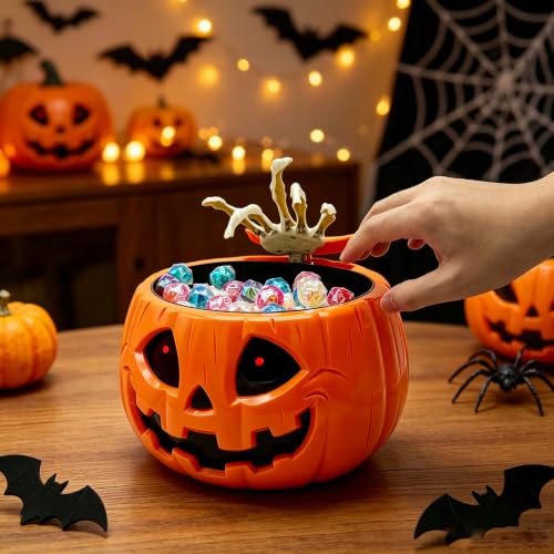 Animated Halloween Skull Pumpkin Candy Bowl with Motion Sensor and Lights
