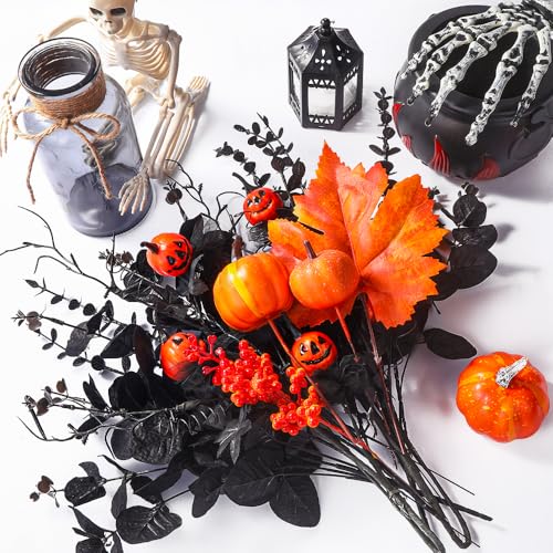 Black Eucalyptus Stems with Glass Vase - Halloween Table Decor, Variation: Black With Vase