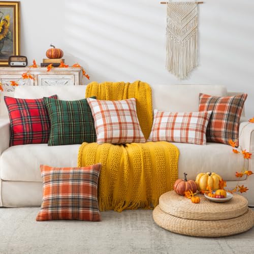 Fall Plaid Throw Pillow Covers Set of 2 - Orange 16x16 Inches, Autumn Decor